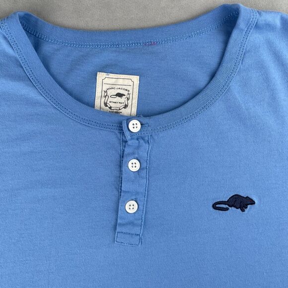 Marc Jacobs Shirt Mens M Blue Long Sleeve Henley Button Up Soft Cotton Rat Logo - Picture 4 of 8